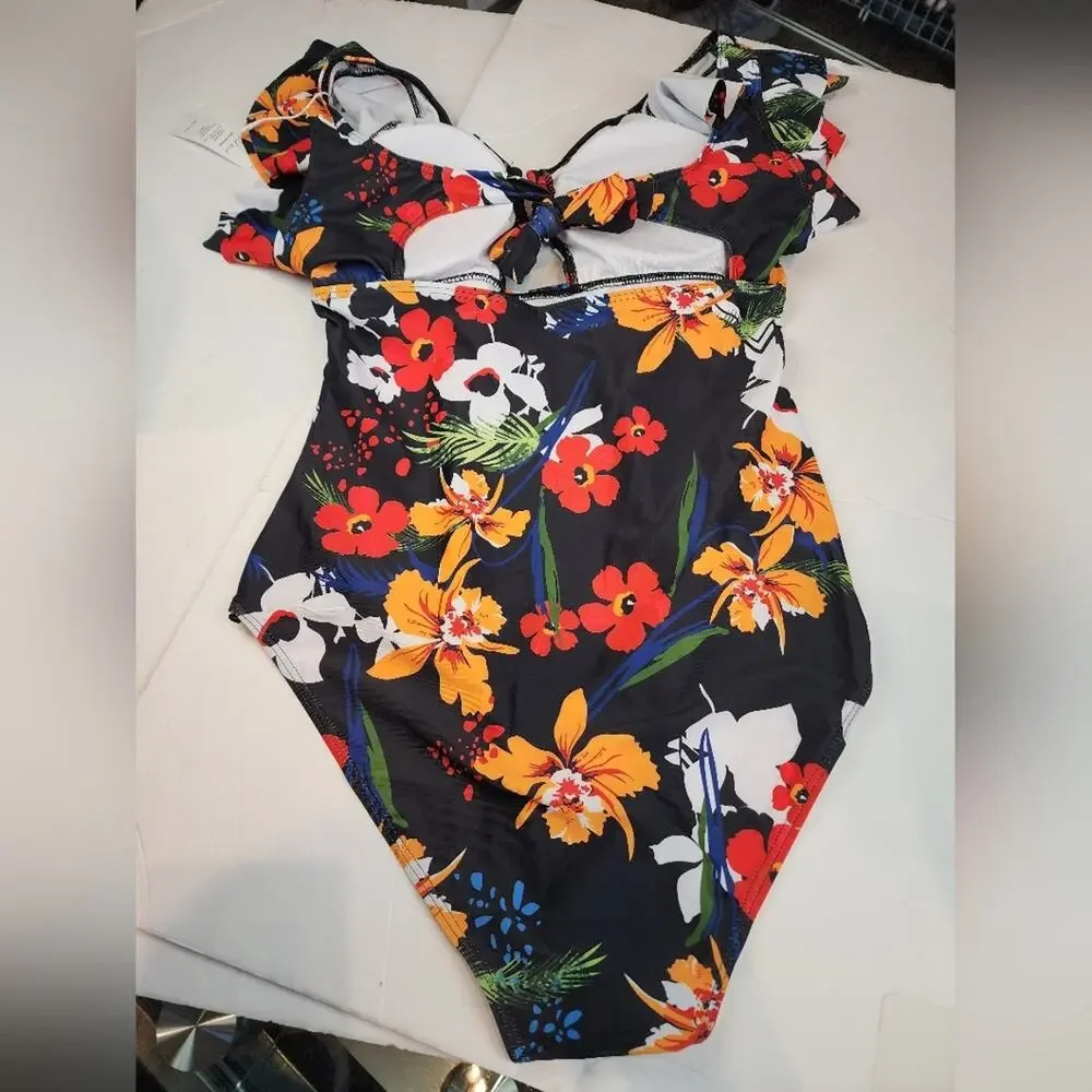 Edel‎ Qual New One Piece Ruffle Swimsuit Tummy Control Monokini 202 Tropical L